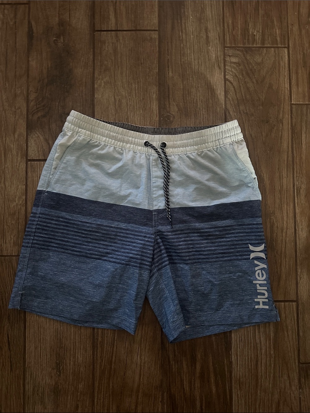 Hurley Light Blue and Navy Striped Swim Shorts
